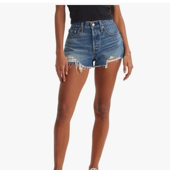 Levi's Blue Distressed Jean Shorts with Raw Hem - Picture 1 of 6